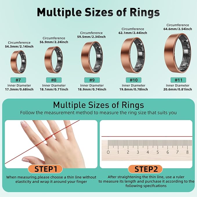 Smart Ring with Sleep Monitoring, Step Counting, Heart Rate for iPhone and Android, No Subscription Fee, IP68 Waterproof Health Tracker (Blue, 8) (Rose Gold, 7)