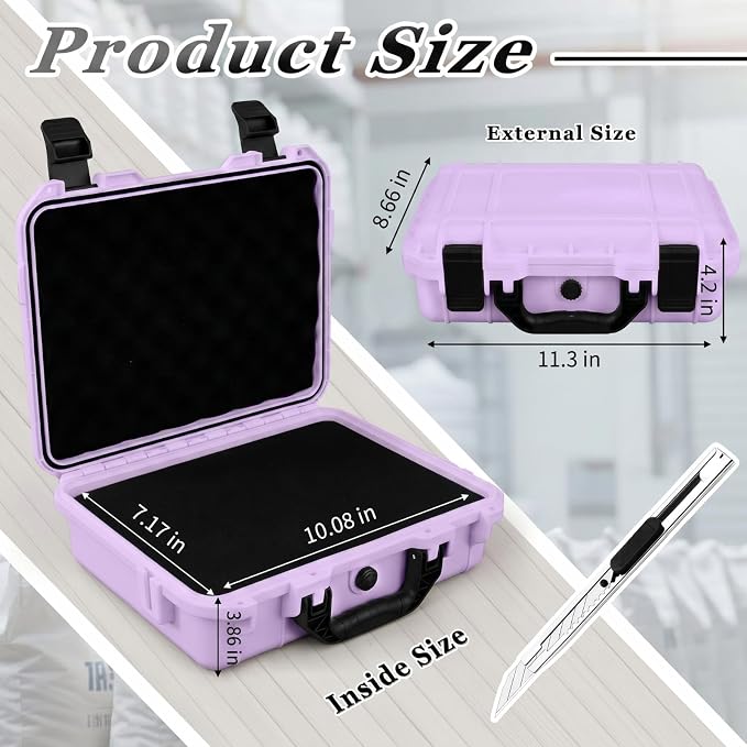 Relaxweex 1 Pcs Waterproof Hard Case with DIY Customizable Foam Insert Portable Protective Case with Knife for Camera Drones Equipments Tools Test Instruments(Purple,11.3 x 8.7 x 4.2 Inch)