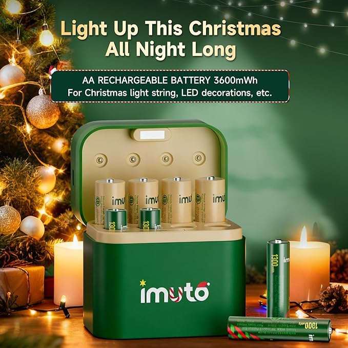 imuto AA & AAA Rechargeable Battery Kit with 8-Slot USB-C Charger | 4 Pcs 3600mWh AA, 4 Pcs 1300mWh AAA, Christmas Style Charger Compatible with NiMH & Li-ion, Ideal for home electronics
