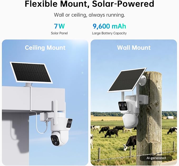 ELYSOO Dual Lens 4G LTE Cellular Security Camera, 2K HD Video, No WiFi Needed, 360° View Camera with Night Vision, Easy to Install, PIR Alarm, Built-in SIM Card(Supports Verizon/AT&T/T-Mobile) - White