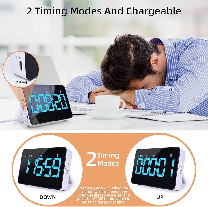 Rechargeable Digital Kitchen Timer for Cooking, Magnetic Timers with Countdown/up, Kids Timer with 5”LED Display 3 Brightness 4 Volume Adjustable for Classroom/Office/Home/Work/Fitness/Game（Blue）