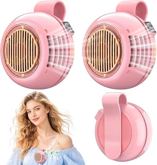 2 Pack Portable Silent Mini Bladeless Fan Clip on 5 Adjustable Speeds Digital Display 360 Rotatable USB Rechargeable Electric Small Fan for Shirt Waist Outdoor Travel(Pink)