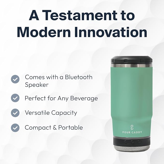 Vibe 4 In 1 Bluetooth Speaker Cup, Insulated Can and Bottle Holder for Hot or Cold Drinks, Double Wall Stainless Steel Drinkware, Fits 12 oz Cans or 14 oz Liquid, Seafoam