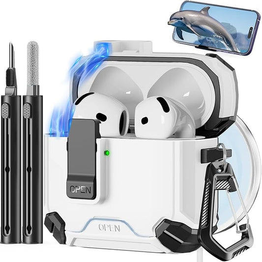 Pohgelan Compatible with AirPods 4 Case,Magnetic Automatic Lock with Phone Stand & Cleaning Kit,Compatible with Magsafe Cover -White