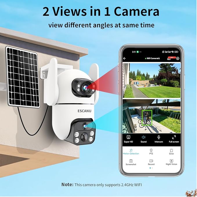 Dual Lens Security Cameras Wireless Outdoor for Home Security, 2K Ultra HD Resolution, 2.4GHz WiFi, 2-Way Audio, Color Night Vision, Motion Detection, PTZ 360 Coverage, No Monthly Fee, IP65 Waterproof