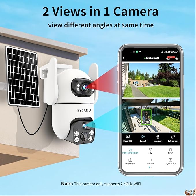 ESCANU Solar Security Cameras Outdoor Wireless,Cameras for Home Security with Dual Lens,360° View Pan/Tilt,Color Night Vision,2-Way Audio,SD/Cloud Storage,2.4GHz WiFi(2 Pack)