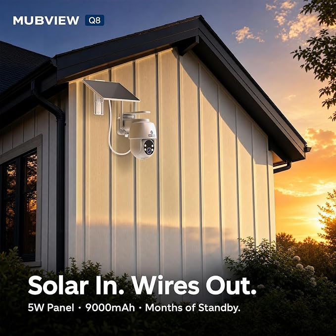 MUBVIEW 24/7 Continuous Recording Wireless Outdoor Security Camera, 2.4G WiFi, 2K Solar Powered, 360° PTZ, Auto Tracking, SD Included, Optional Cloud Storage, AI Detection, Night Vision(White,2 Packs)