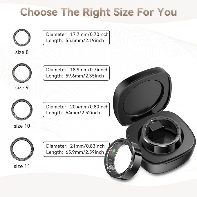 Smart Ring for Men, Fitness & Activity Tracker with Blood Pressure/Heart Rate Monitor, Sleep Tracker, Step Counter, IP68 Waterproof Ring for iOS & Android, Fast Charge, No Subscription (Black,Size10）