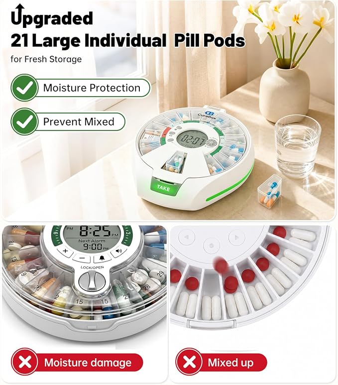 Bluetooth Automatic Pill Dispenser with App, 21 Individual Pods Medication Organizer for Seniors & Caregivers with Tracks Adherence History, Alarms & Light Alerts, Key Lock, for Vitamins Supplements