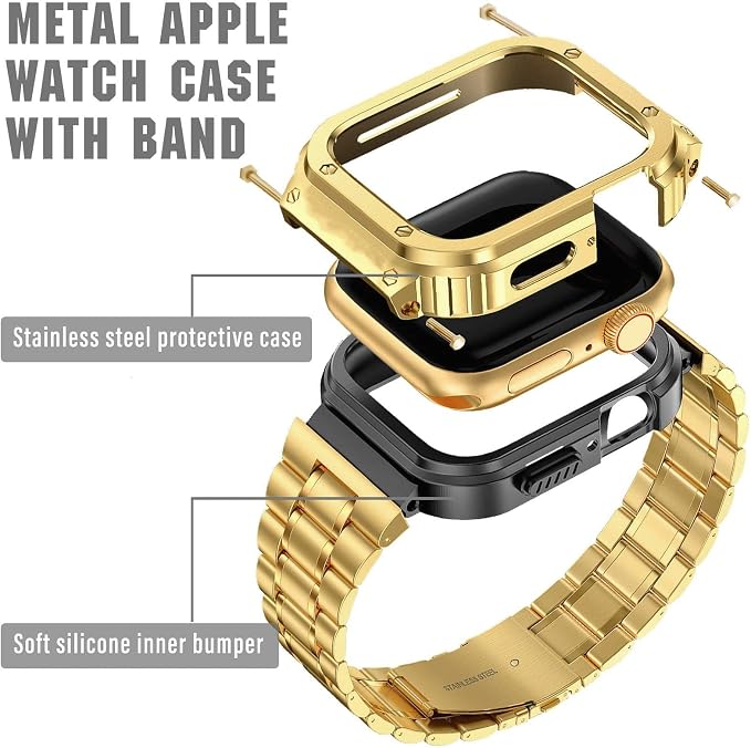MioHHR Stainless Steel Watch Band with Case Compatible with Apple Watch Series 11/10 46mm,Rugged Strap with Metal Protective Bumper Cover for iWatch Band Men(Gold)