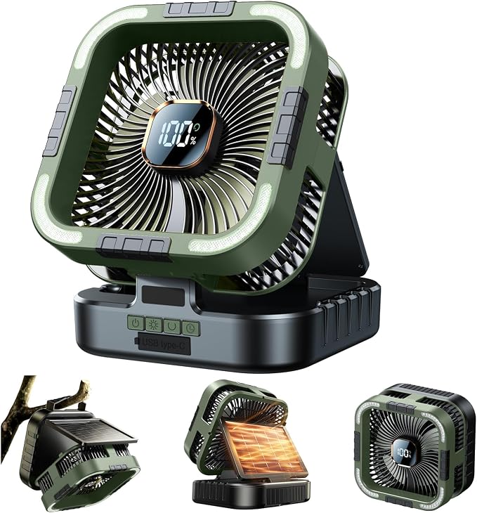 KIMMOO Solar Camping Fan with Light-10000mAh Rechargeable Portable, 6 Speeds, Digital Display, Timer, 120° Oscillation, Cordless Battery Powered Fan for Home Outdoor Tent Travel BBQ Fishing (Green)