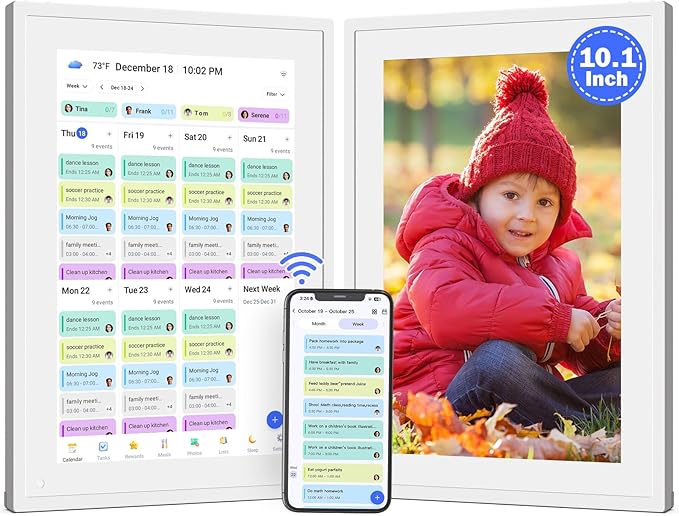 10.1" Smart-Picture-Frame Digital Calendar in-One – Interactive Touchscreen Display Electronic Calendar for Chore Chart, Star Reward, Sync Google Outlook Calendar Via App, Wall Mount, Gift for Mom Dad