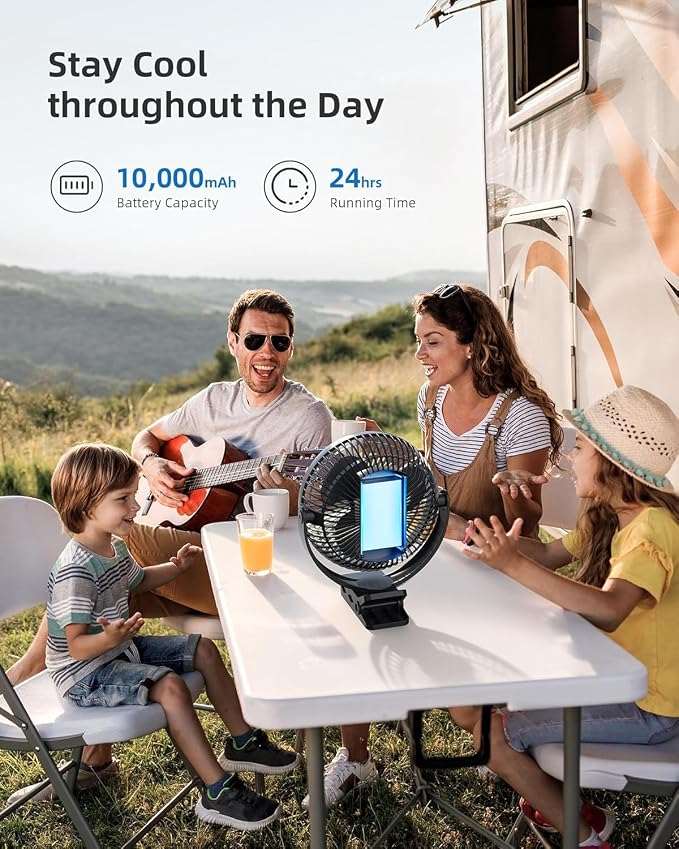 Koonie 10000mAh Clip on Fan Rechargeable, 8-Inch Battery Operated Desk Fan, USB Fan, 4 Speeds, Strong Airflow, Sturdy Clamp for Golf Cart Office Desk Outdoor Travel Camping Tent Gym Treadmill,Black