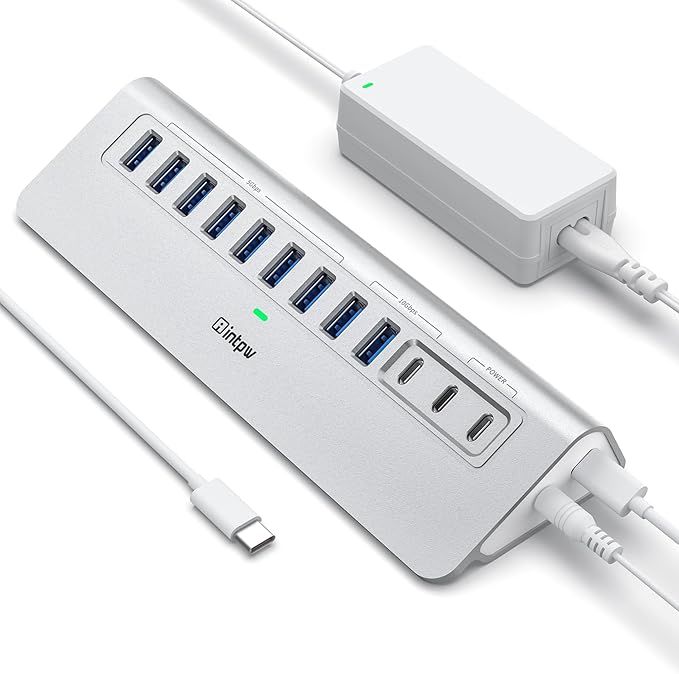 Powered USB Hub 10Gbps, intpw YH9AC 12 Port USB C Hub with 10Gbps USB C 3.2+2 USB A 3.2, 7 USB 3.0, 2 PD 45W Charging Port, 65W Power Adapter + 3.3FT Cable, Aluminum USB Hub for PC/Laptop/iPhone 17/16
