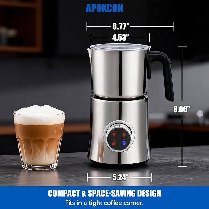 APOXCON Electric Milk Frother and Steamer, 4-in-1 Hot & Cold Foam Maker for Coffee 17oz Stainless Steel Frother Machine with LED Display Rotary Knob Milk Warmer Hot Chocolate Maker Dishwasher Safe