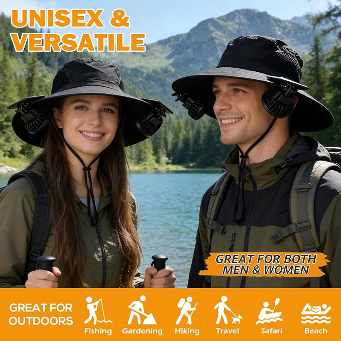 Wide Brim Sun Bucket Hat with 2 Solar Powered Fan for Men & Women | Waterproof & UPF 50+ Sun Protection Hat with Dual-Power Clip-On Cooling Fans for Outdoor Hiking Fishing Gardening