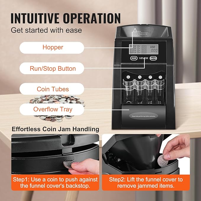 VEVOR USD Coin Sorter, Coin Counter Machine for ¢1 ¢5 ¢10 ¢25 Coins, LCD Screen Display, Coin Sorter and Wrapper Machine with Thicker Coin Tubes and Tray, Holds up to 200 Coins