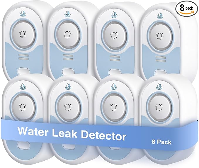 Water Leak Detector 8 Pack, 5-Year Battery Life, Water Alarm with Low Battery Warning, 100dB Loud Sound and Self-Test Function, IP66 Waterproof for Home Basement Kitchen(Not Support Wi-Fi)