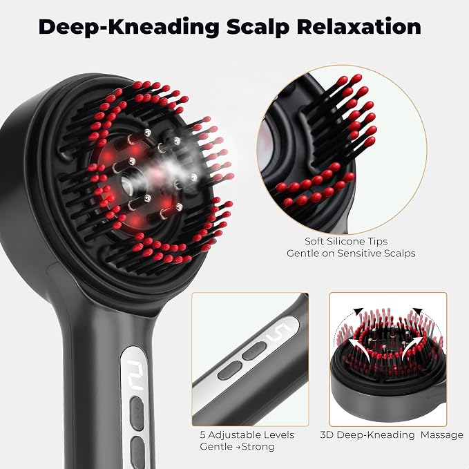 Electric Scalp Massager, 5-in-1 Scalp Spa Device with Clean Water Mist Reservoir, 3D Deep Kneading Massage, USB-C Rechargeable, Portable Scalp Care Tool