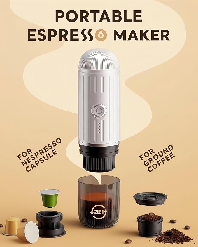 Portable Espresso Machine, 2-in-1 Hot/Cold Brew & Fast Self-heating with USB-C,Travel Coffee Maker with 7800mAh for Camping RV Hiking Compatible with NS Capsules & Ground Coffee White