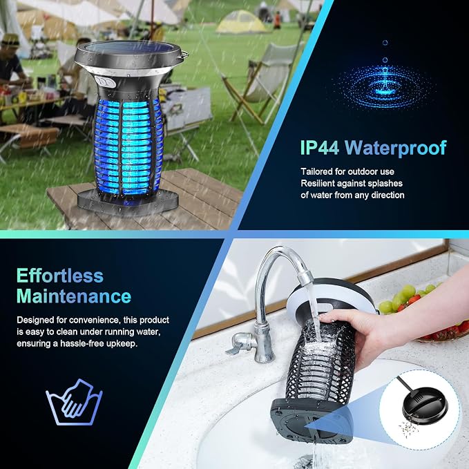 PhatroyYee Solar Bug Zapper Outdoor, 3-in-1 Mosquito Zapper Outdoor Solar Powered, Cordless Electric Bug Zapper Indoor with Night Light, Waterproof Fly Zapper for Patio Backyard Home Kitchen Camping