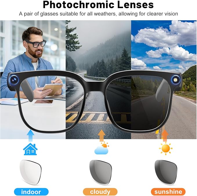 Smart Glasses with Camera, AI Translation Glasses Support 140+ Languages, 1080P Hands-Free Video Recording, IP65 Waterproof Bluetooth Glasses with Voice Assistant for Hiking Vlogging Business