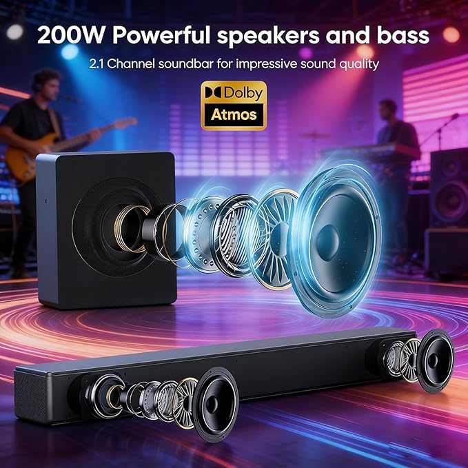 Sound Bar with Subwoofer, 100W Bass Soundbar for Smart TV, w/Dolby Atmos 3D Surround Sound System, 2.1CH Home Theater Audio Soundbar, Adjustable Home Theater Bluetooth Speaker for TV/Projector/PC