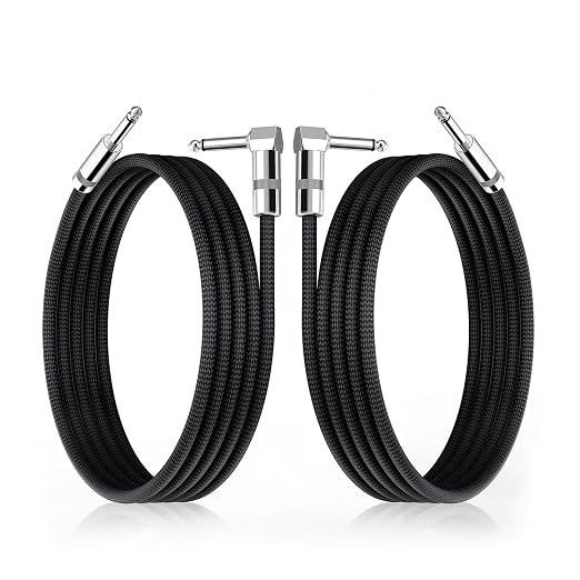 Short Guitar Cables 6.6 ft, Amp Chord Electric Guitar Aux Amp Cord Braided, TS 1/4 Quarter Inch Straight to Right Angle Bass Instrument Cable Pro Audio (Black, 2-Pack)