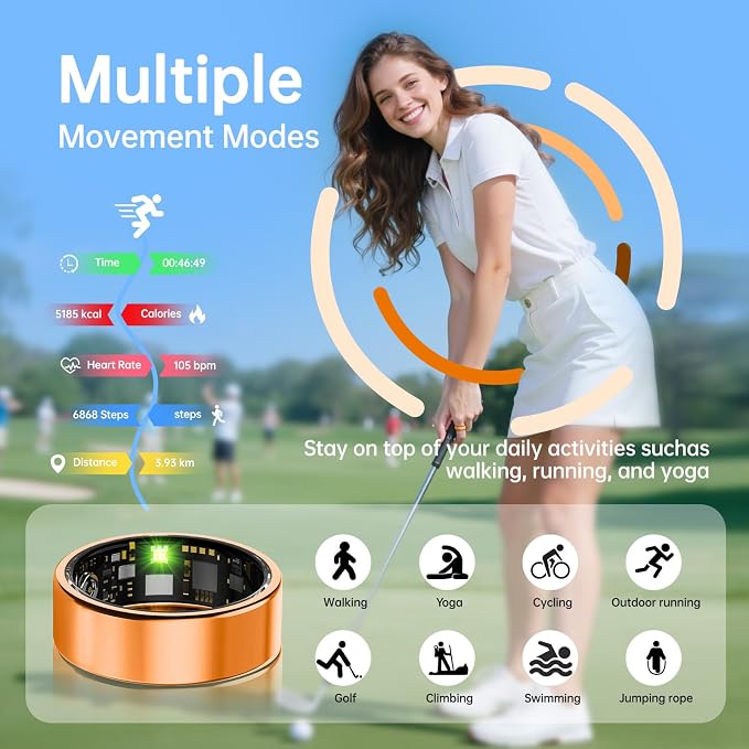 Smart Ring for Women & Men, Health Tracker Ring with Heart Rate, Blood Oxygen,Blood Pressure, IP68 Waterproof Fitness Ring, Sleep Tracker for iPhone and Android, No APP Fee (Orange, 6#)