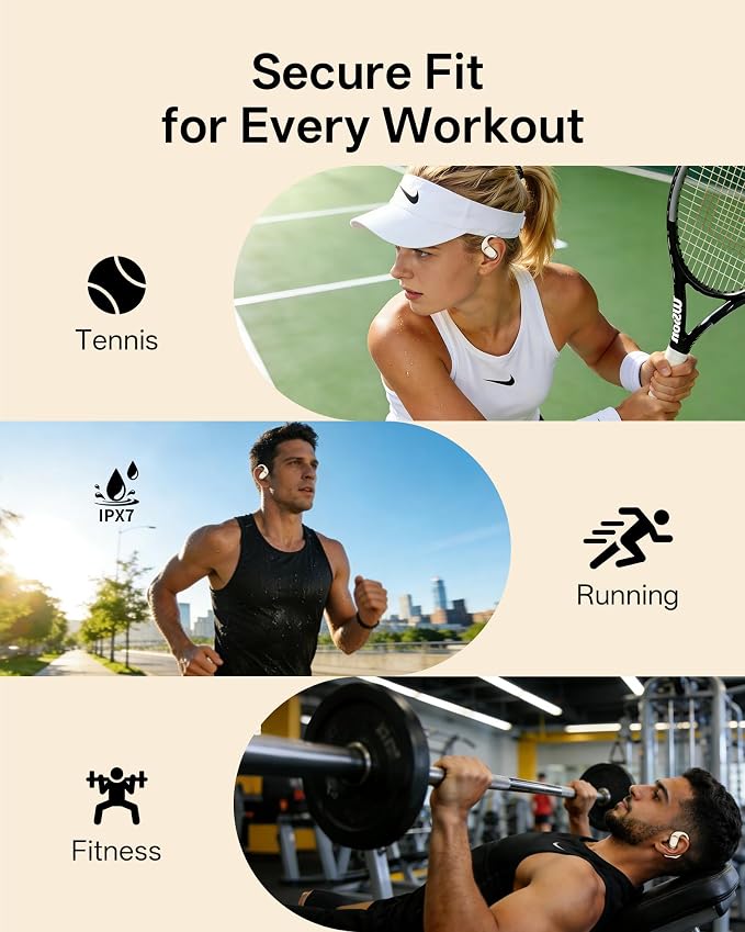 Open Ear Earbuds, Over Ear Headphones with Ear Hooks, True Wireless Bluetooth 6.0 Earphones, Stereo Sound, Ultra-Comfort, 50H Playback, IPX7 Waterproof Ear Buds with Mics for Running Sports