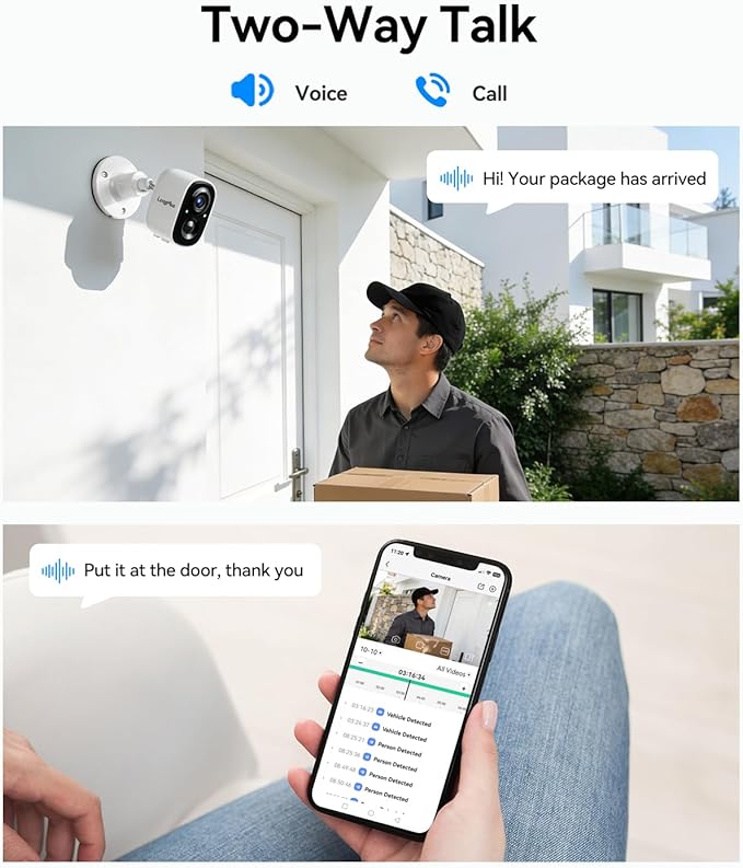 LongPlus 3K Security Cameras Wireless Outdoor, Battery Smart Camera for Home Security, Support 2.4G/5GHz, 24/7 Recording, Color Night Vision, AI Motion Detection, SD Card/Cloud, Two-Way Talk (White)