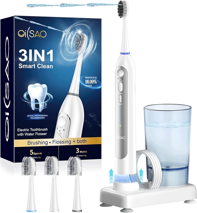 Electric Toothbrush with Water Flosser Combo, All in One Sonic Flossing Tooth Brush,3 Modes/5 Floss Speeds,Compact Portable Detachable Handle & Cup,30-Day Battery,for Braces & Sensitive Teeth,White