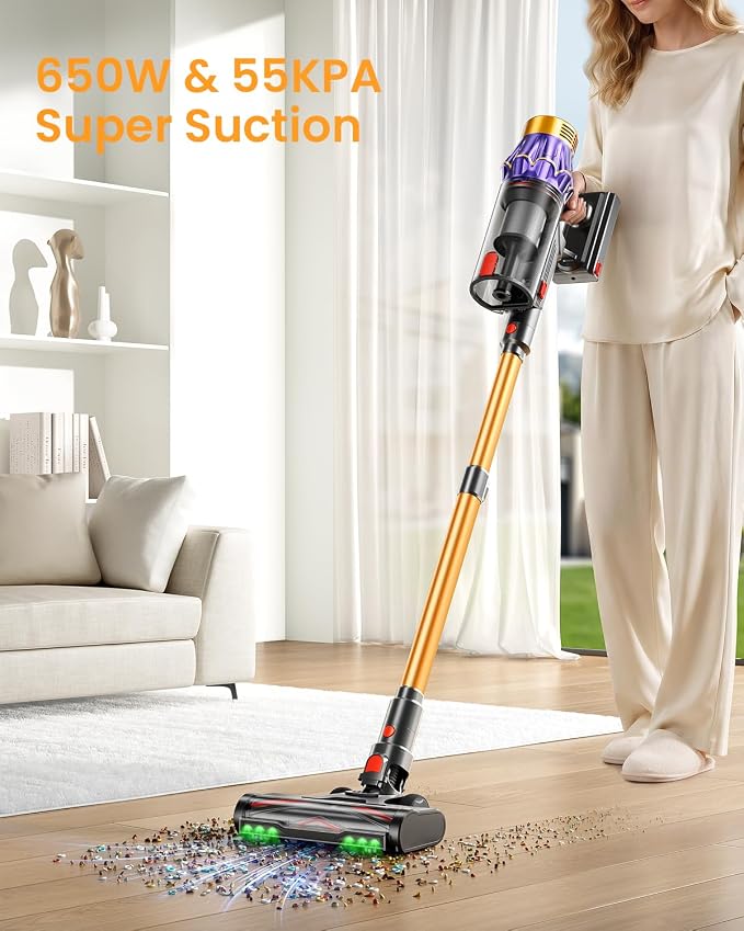 Cordless Vacuum Cleaner, 650W/55KPA/70 Mins Vacuum Cleaners for Home with Self-Standing, Anti-Tangle Vacuum Cordless, Smart Display and 1.8L Cup Cordless Stick Vacuum Cleaner for Pet Hair/Carpets