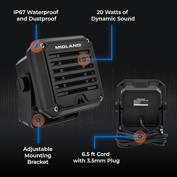 Midland- SPK100 Heavy-Duty 20W External Speaker - 180 Degrees Swivel Base Bracket Works with All CB and MXT Radios 8-OHM Sound System 3.5mm Audio Plug - Easy Installation Waterproof Design