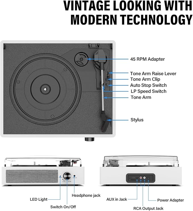 Record Player with Speakers Vintage Belt-Driven Turntable Bluetooth 3 Speed 3 Size Wireless Playback AUX-in RCA Out Headphone LP Vinyl Players Auto Stop Fashion White