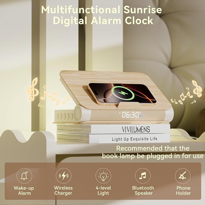 Vivilumens Alarm Clocks Bluetooth Speaker Dual Charging Wireless Bedside Lamp Night Light for Adults Teens with Book Shape Sunrise Wake Up Light for Bedroom Home Decor Gifts for Father（Wooden Grain）