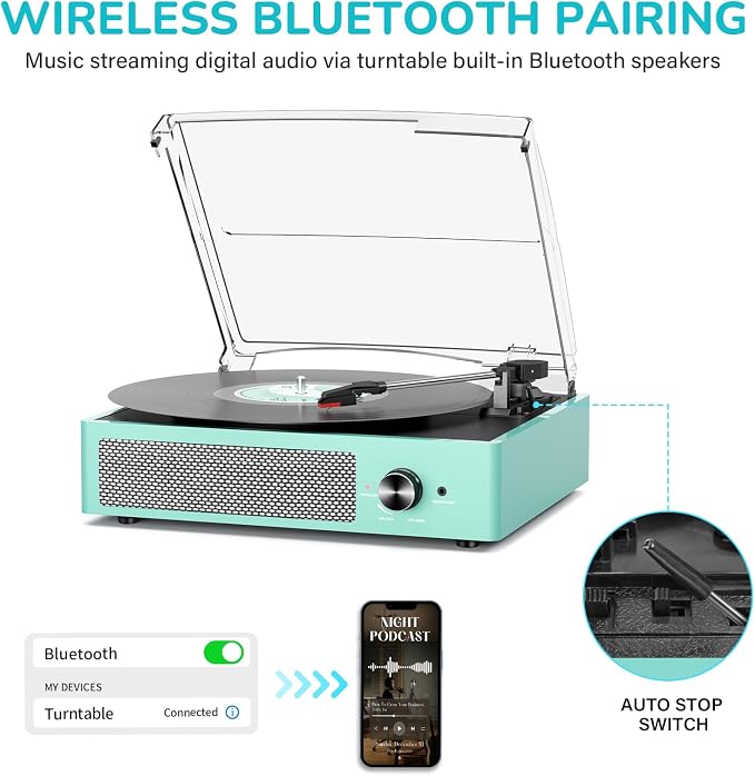 Record Player for Vinyl with 2 Build-in Speakers LP Vinyl Players Belt-Driven Vintage Turntables 3 Speed 3 Size, Wireless Bluetooth Playback, AUX-in, RCA Out, Headphone, Auto Stop,Water Blue