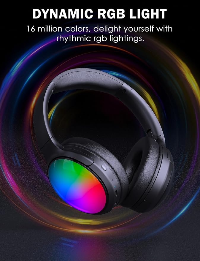 Bluetooth Headphone with Cool RGB Light, Foldable Lightweight Wireless Over Ear Headphone, 90° Rotatable Earcups, HiFi Stereo with Deep Bass Audio for Travel, iPad Cellphone Laptop PC