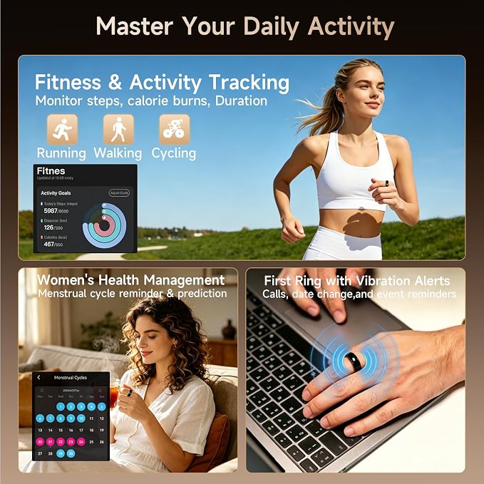 Smart Ring for Women & Men, Fitness & Activity Tracker, Sleep Monitoring, 7-Day Battery Life, 5ATM Waterproof, No Subscription Fee, iOS & Android Compatible (Black, 8)