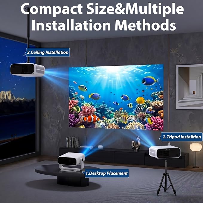 Wielio 2026 Smart Projector Android TV with WiFi 6 and Bluetooth 5.0 Built in 1000+ Apps 240 ANSI Portable Bedroom Mini Movie Projector Support 4K/1080P Auto Keystone & Zoom