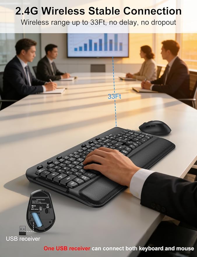 Ergonomic Wireless Keyboard and Mouse Combo, Full Size 2.4G Wave Keys with Soft Palm Rest, 3 Level DPI Optical Silent Mouse, Cordless Keyboard Mouse Combo for PC Laptop Desktop Windows Mac OS