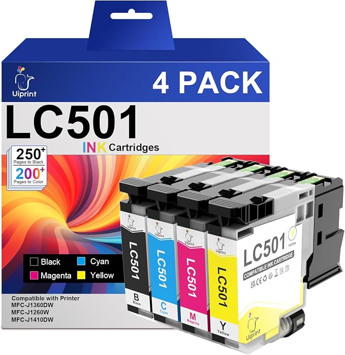 LC501 Ink Cartridges Replacment for Brother LC501XL LC501 Series Inks Compatible with Brother MFC-J1360DW MFC-J1410DW MFC-J1260W Printer, LC5014PK High Yield (Black, Cyan, Magenta, Yellow)
