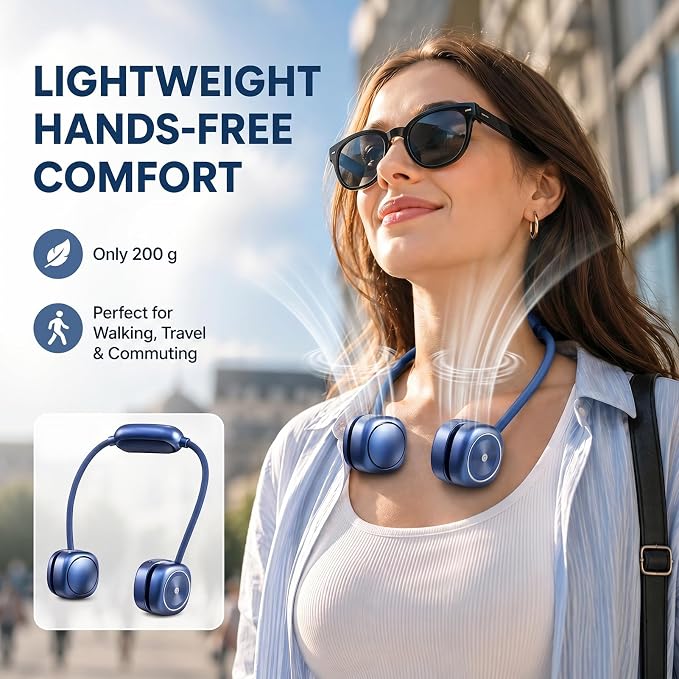 Foldable Neck Fan, Portable Neck Fan Rechargeable, Bladeless Quiet 360° Adjustable Personal Fan, 3 Speeds Hands Free Wearable Fan for Travel, Walking, Camping, Office, Navy Blue