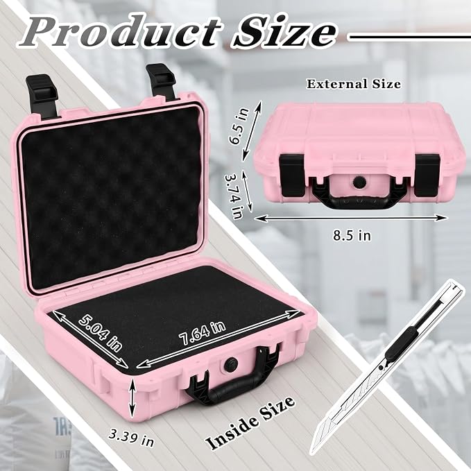 Relaxweex 1 Pcs Waterproof Hard Case with DIY Customizable Foam Insert Portable Protective Case with Knife for Camera Drones Equipments Tools Test Instruments(Pink,11.3 x 8.7 x 4.2 Inch)