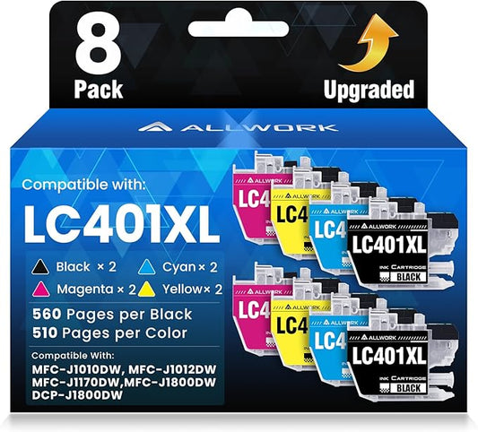 LC401XL LC401 MFC-J1010DW Ink Cartridges for Brother Printer LC 401XL 401 XL Ink Cartridge Compatible for MFC J1010DW MFC-J1170DW MFC-J1800DW MFC-J1012DW Series Printer (8-Pack) Upgraded High Yield