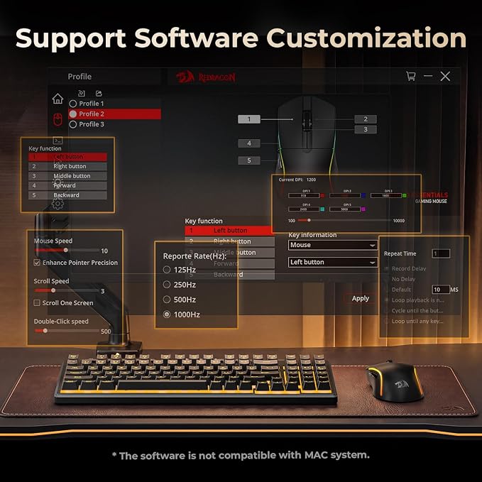 Redragon S156 Wireless Keyboard and Mouse with Tri-Mode, Mechanical Feel Keyboard and 4800 DPI 61G Ultra-Light Gaming Mouse, RGB Backlit, 4 Macro Keys, Long Battery Life for PC, Mac, Ideal for Gamer