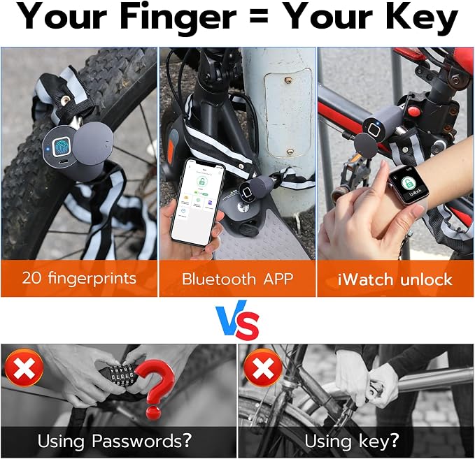 Fingerprint Bike Chain Lock, Bluetooth Bike Lock Waterproof Biometric Keyless Lock Heavy Duty Anti-Theft with 3.3 Feet Long Chain Lock for eBike Scooter Gate Ski Snowboard