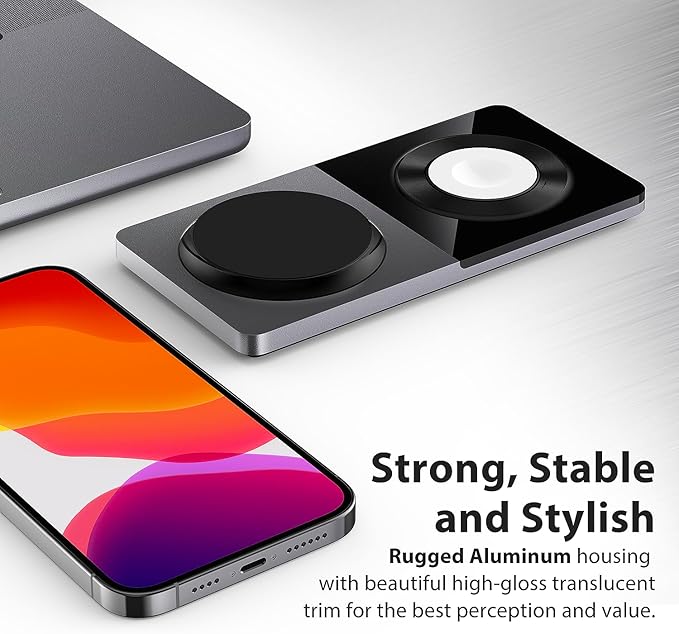 PETINO 3 in 1 Wireless Charging Station for Apple Devices with MagSafe | For iPhone 17/Air/16/15/14/13/12, AirPods & Apple Watch, Foldable Portable Aluminum Charging Stand, Adapter Included