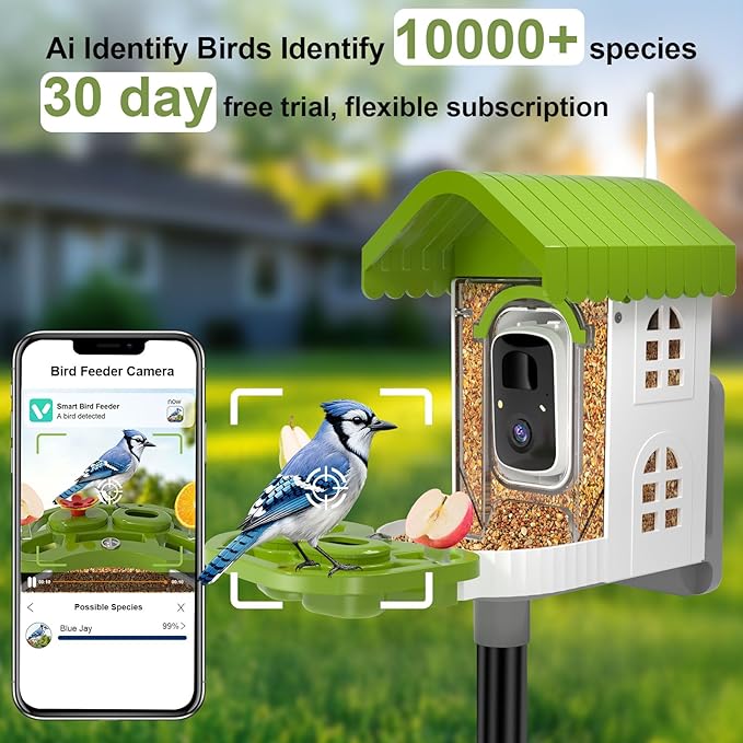 NEEZUKAR Smart Bird Feeder with Camera Solar Powered, AI Species Identification, 2K HD Video, Instant Arrival Alerts, Weatherproof Design for Outdoor, Best Gift for Bird Lovers(Green)