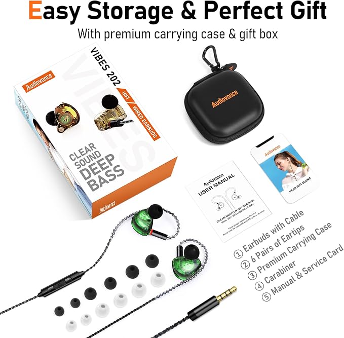 Vibes 202M Wired Earbuds - HiFi in Ear Monitor Headphones - Noise Isolating Ear Buds w/ Mic - Clear Sound, Deep Bass & Comfort-Fit Gaming Earphones - MMCX to 3.5mm & Silver Plated Cord, Carrying Case